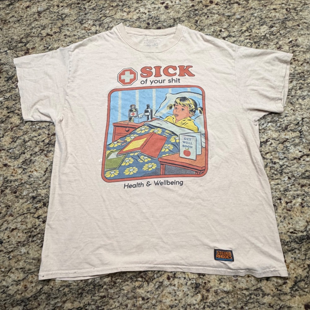 Steven Rhodes Sick of Your Shit Graphic Tee Tan Mens XL Retro Humor T-Shirt